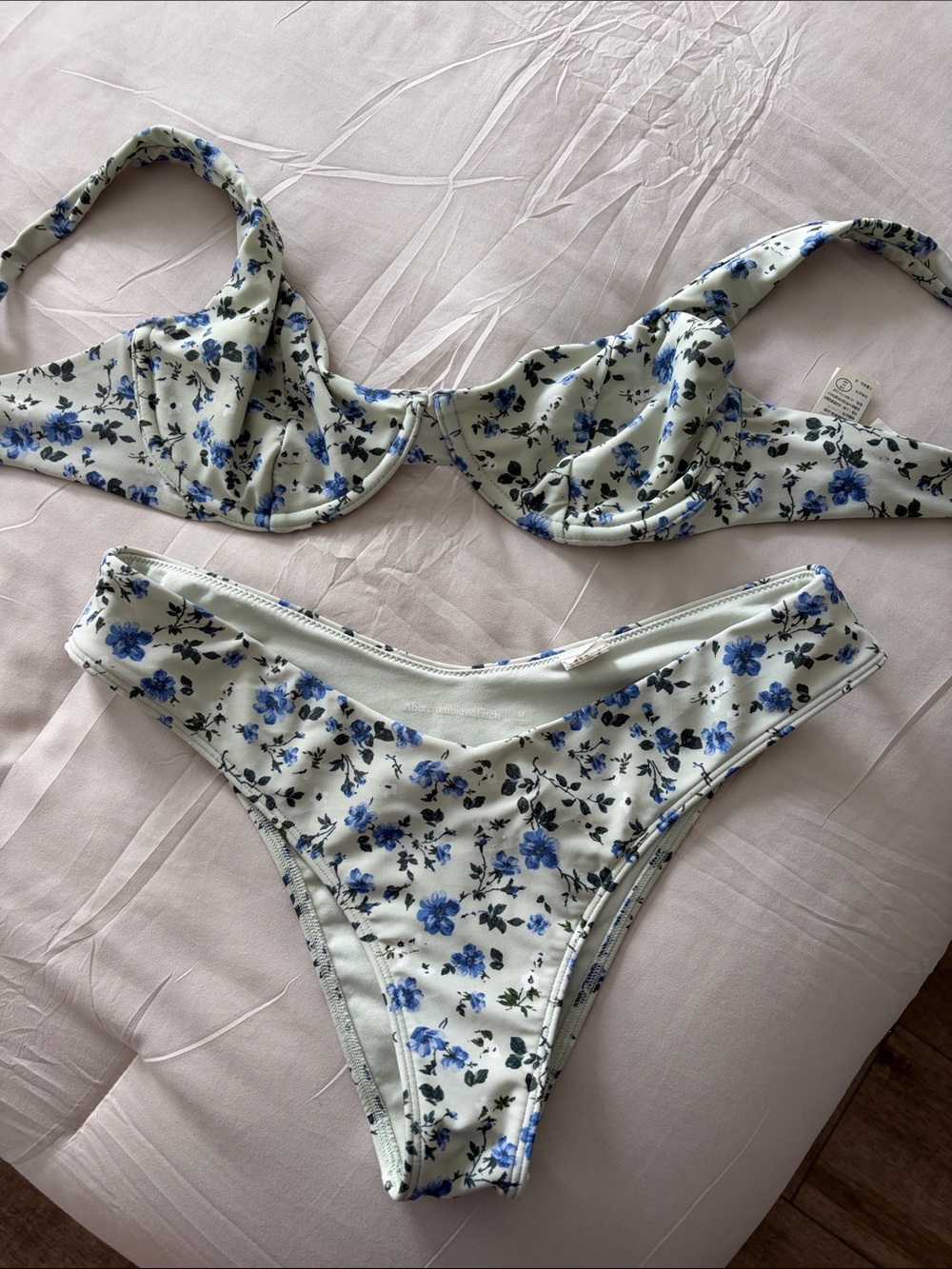 Abercrombie & Fitch White Floral Underwire Bikini with Blue Blossoms